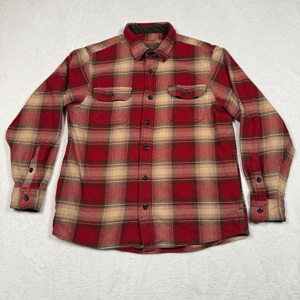 Orvis Shacket Men‎ Medium Red Plaid Button Up Heavy Flannel Shirt Jacket Pocket